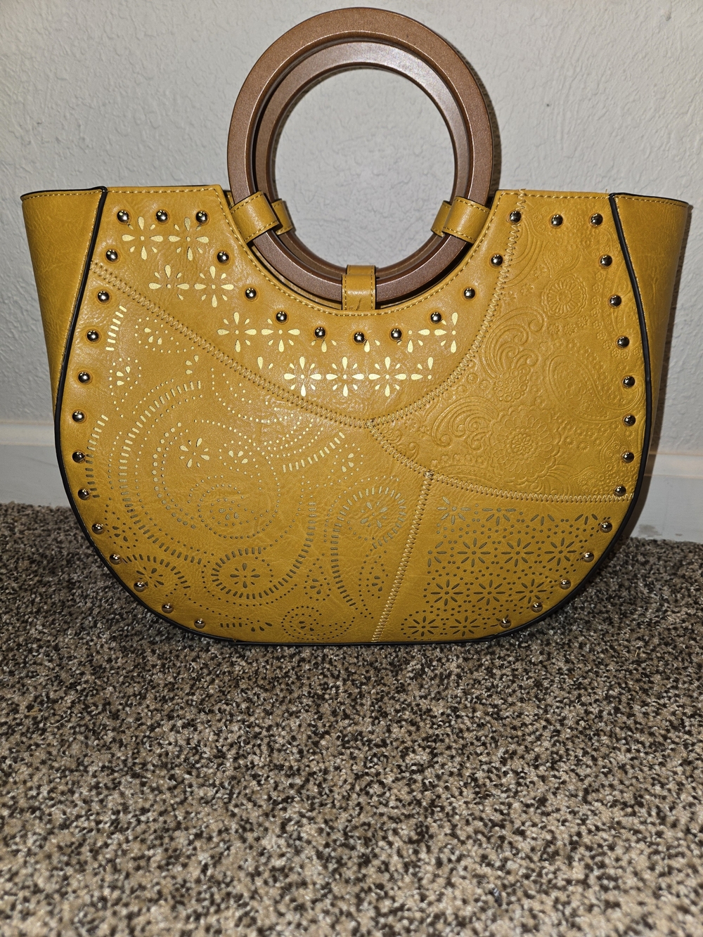 Stylish Yellow Floral-Perforated Circle Handle Tote Matching Wallet
